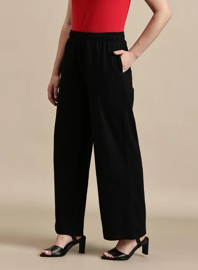 ECOLORE Black Solid Cotton Straight Fit Pants