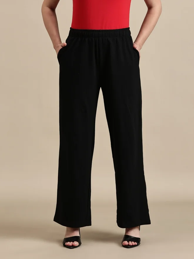 ECOLORE Black Solid Cotton Straight Fit Pants