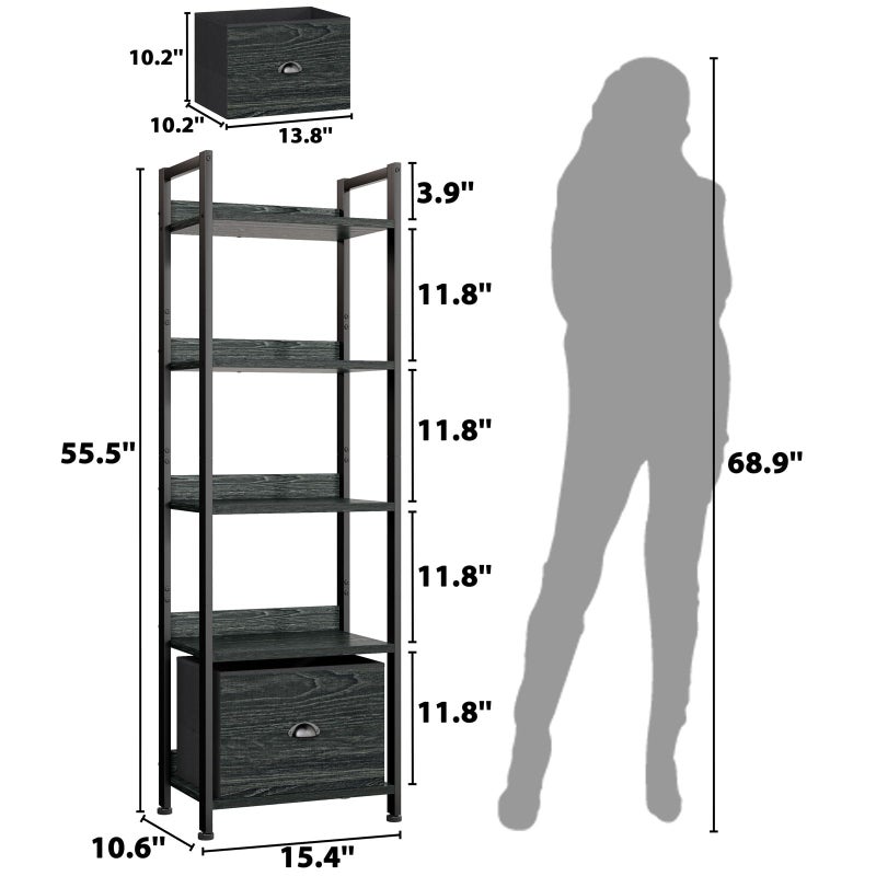 Furologee 5 Tier Bookshelf with Drawer, Kitchen Bakers Rack with Storage, Tall Narrow Bookcase, Industrial Free Standing Display Shelf, Wood and Metal Book Shelf for Bedroom, Living Room, Black - Image 2