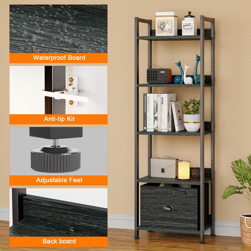 Furologee 5 Tier Bookshelf with Drawer, Kitchen Bakers Rack with Storage, Tall Narrow Bookcase, Industrial Free Standing Display Shelf, Wood and Metal Book Shelf for Bedroom, Living Room, Black - Image 3
