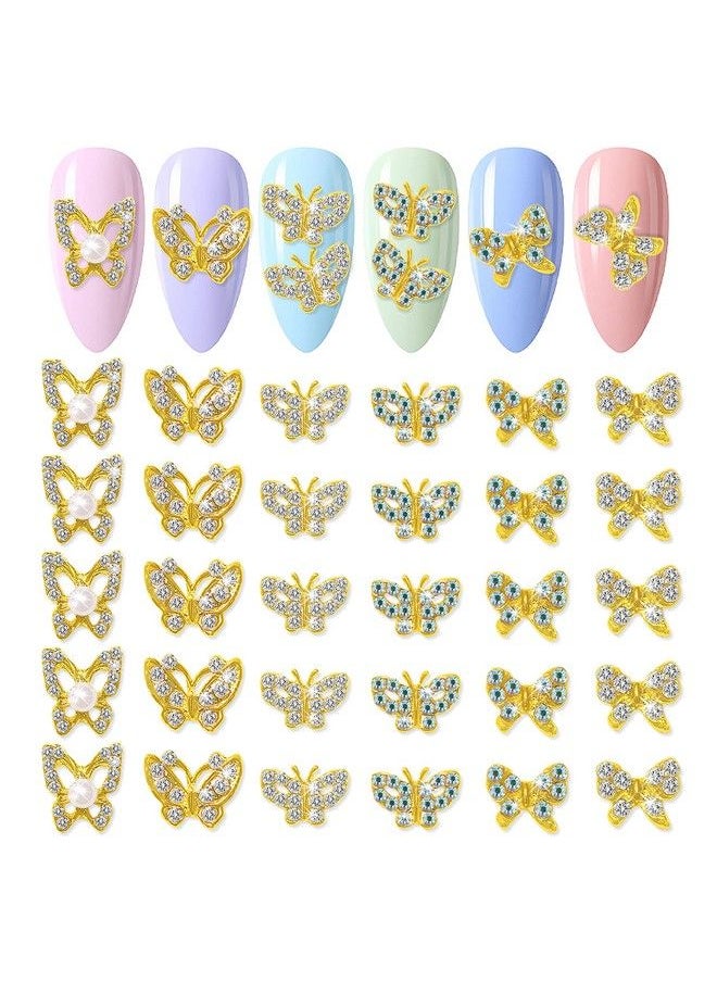 DANNEASY - 30Pcs 3D Butterfly Charms For Nails Gold Nail Charms Ab Nail Rhinestones Crystal Alloy Nail Jewels Nail Butterfly Nail Decoration For Acrylic Nails Diy Nail Art Accessories - Image 1