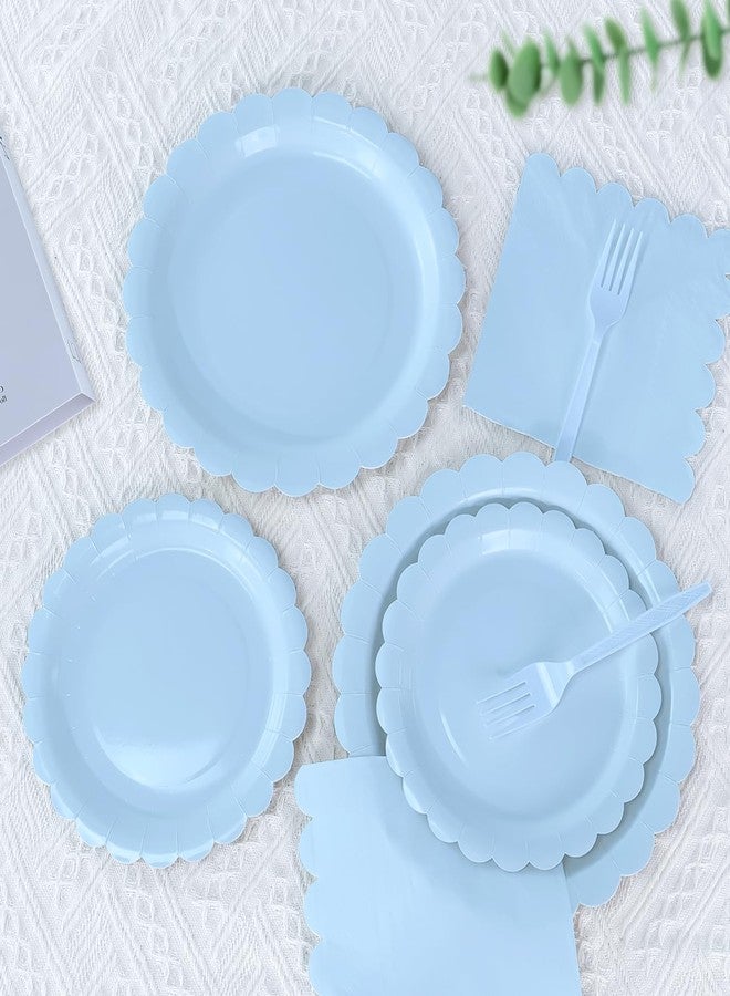 MUNILAIL 96 Pcs Light Blue Plates and Napkins Party Supplies Serve 24 Guests Including Blue Scalloped Paper Plates and Napkins Plastic Forks for Baby Shower Birthday Party Disposable Dinnerware Set - Image 3