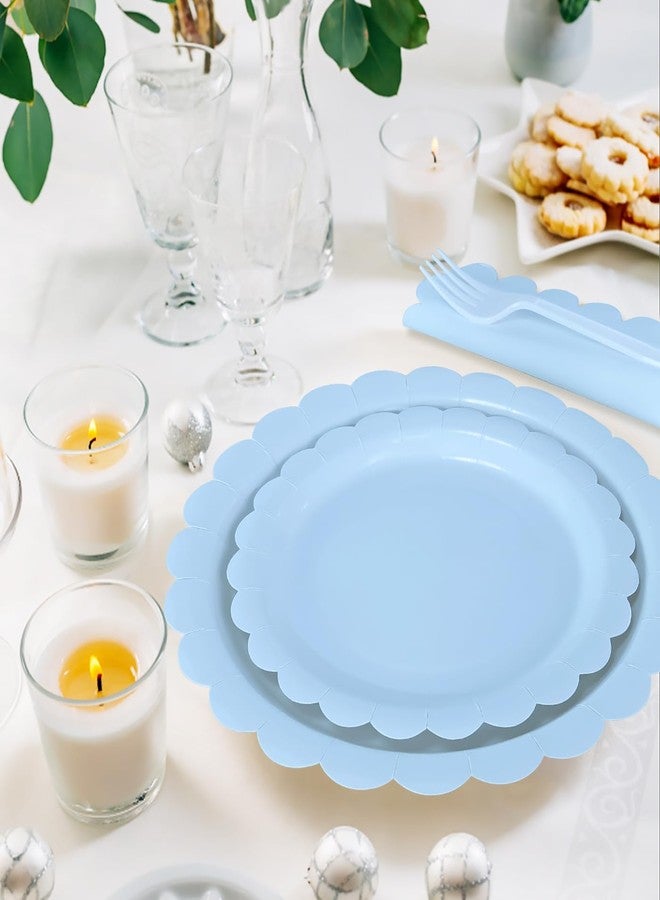 MUNILAIL 96 Pcs Light Blue Plates and Napkins Party Supplies Serve 24 Guests Including Blue Scalloped Paper Plates and Napkins Plastic Forks for Baby Shower Birthday Party Disposable Dinnerware Set - Image 5