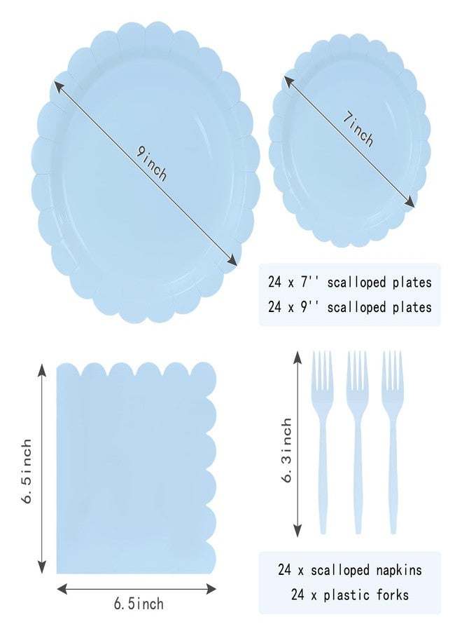 MUNILAIL 96 Pcs Light Blue Plates and Napkins Party Supplies Serve 24 Guests Including Blue Scalloped Paper Plates and Napkins Plastic Forks for Baby Shower Birthday Party Disposable Dinnerware Set - Image 2