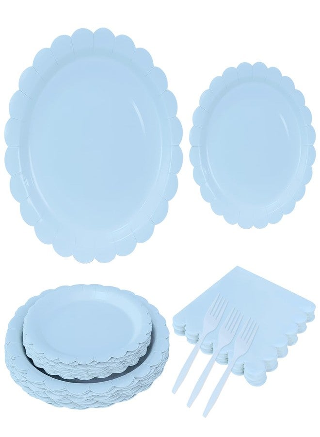 MUNILAIL 96 Pcs Light Blue Plates and Napkins Party Supplies Serve 24 Guests Including Blue Scalloped Paper Plates and Napkins Plastic Forks for Baby Shower Birthday Party Disposable Dinnerware Set - Image 1