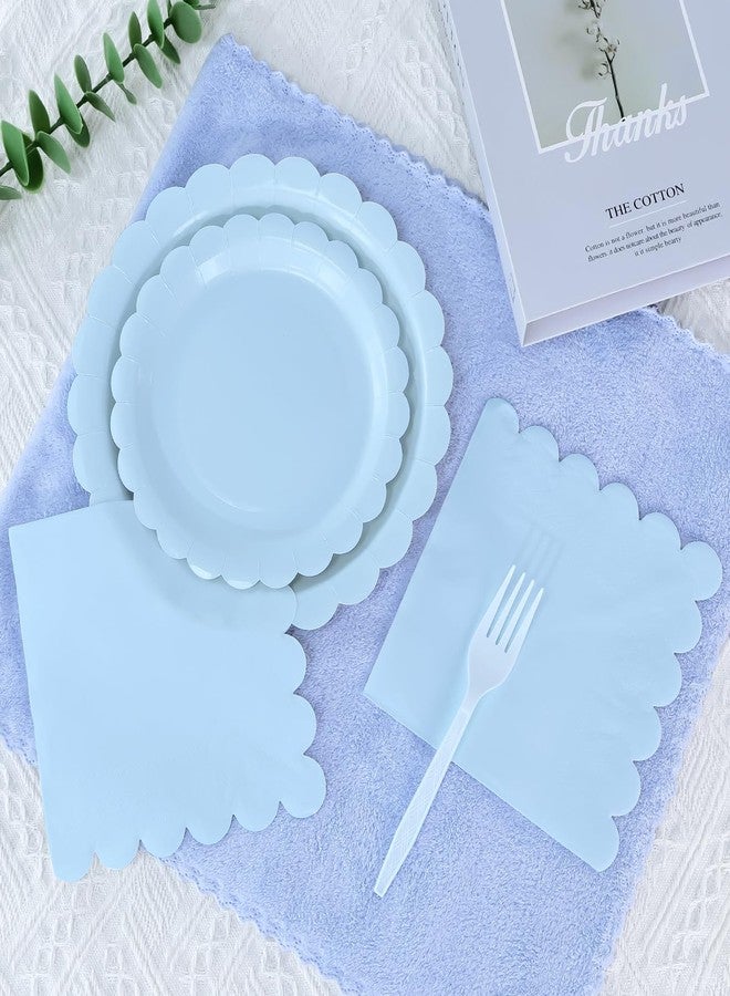 MUNILAIL 96 Pcs Light Blue Plates and Napkins Party Supplies Serve 24 Guests Including Blue Scalloped Paper Plates and Napkins Plastic Forks for Baby Shower Birthday Party Disposable Dinnerware Set - Image 4