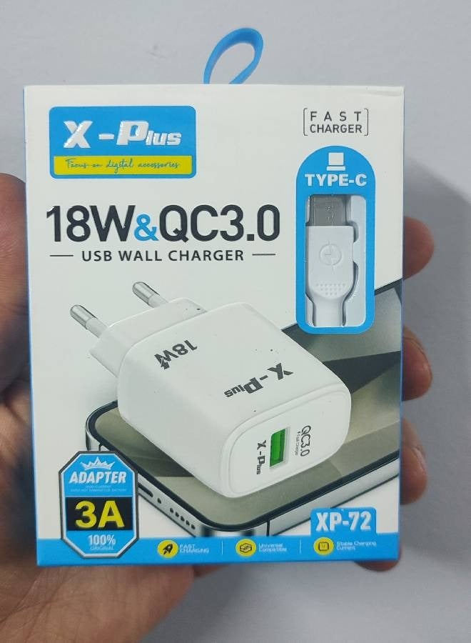 X-Plus 18W Fast Charger QC3.0 + USB To Type-C Charger Cable Compatible With Smartphones - White - Image 1