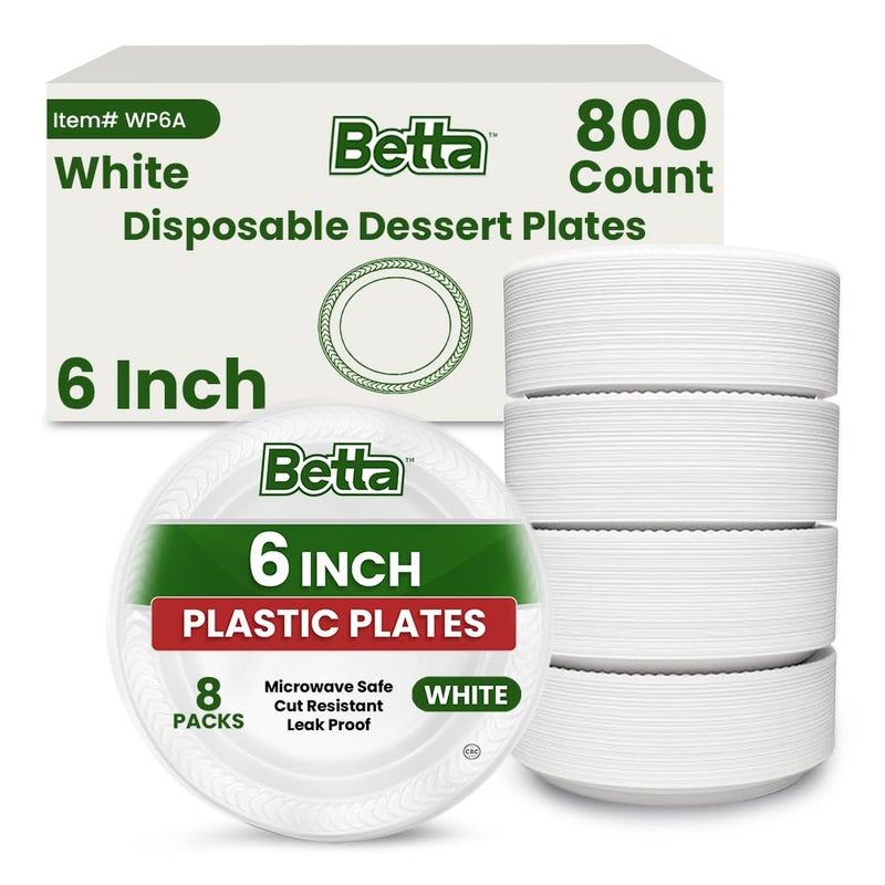 Betta 6-Inch Disposable Plastic Dessert Plates, White, 800 Count, Bulk Case for Schools, Breakrooms and Cafeteria, Microwave Safe (8 Pack Per Box x100) - Image 1
