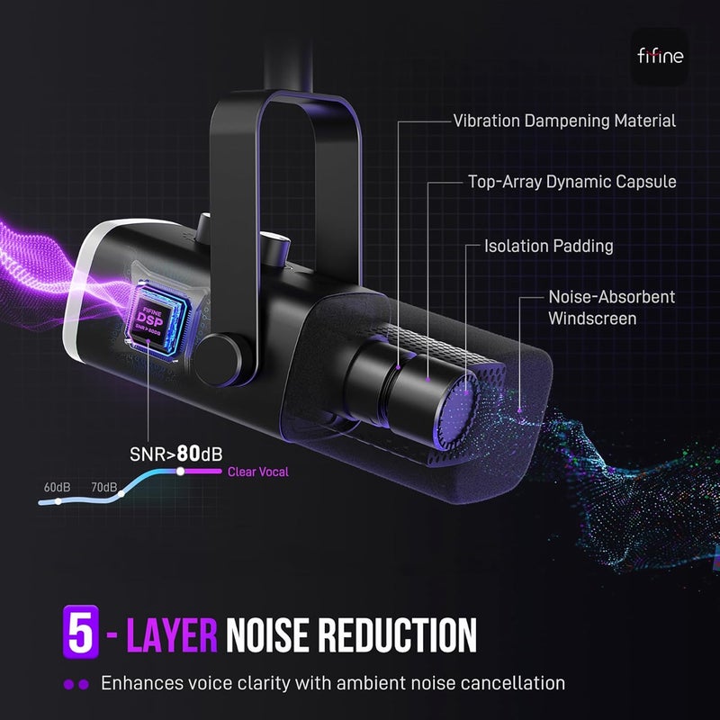 فيفين مجموعة ميكروفون الألعاب XLR/USB، ميكروفون ديناميكي للكمبيوتر للبث والبودكاست، مجموعة ميكروفون RGB للكمبيوتر مع حامل ذراع، زر كتم الصوت، مقبس سماعات الرأس، لتسجيل الصوت والتعليق الصوتي - AmpliGame AM8T - Image 4