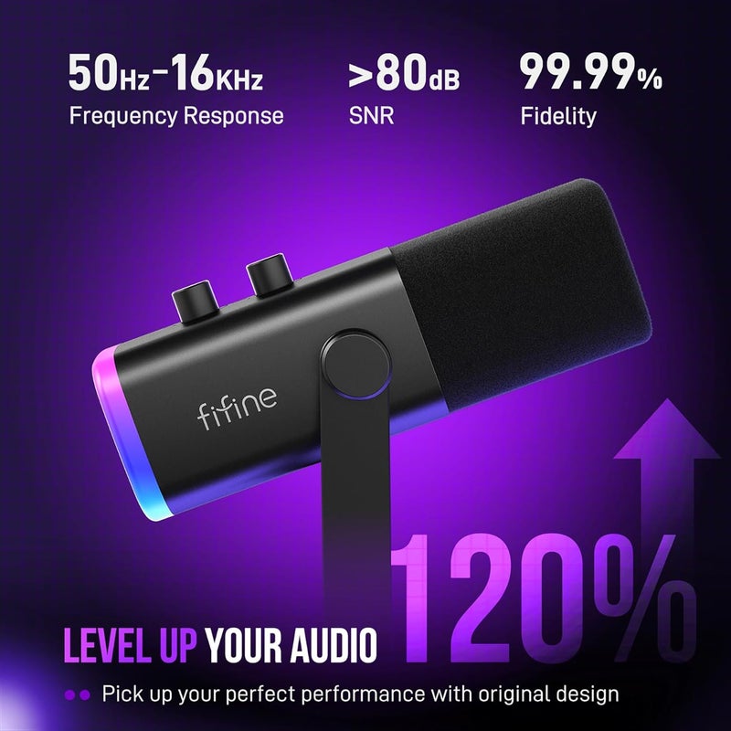 فيفين مجموعة ميكروفون الألعاب XLR/USB، ميكروفون ديناميكي للكمبيوتر للبث والبودكاست، مجموعة ميكروفون RGB للكمبيوتر مع حامل ذراع، زر كتم الصوت، مقبس سماعات الرأس، لتسجيل الصوت والتعليق الصوتي - AmpliGame AM8T - Image 3