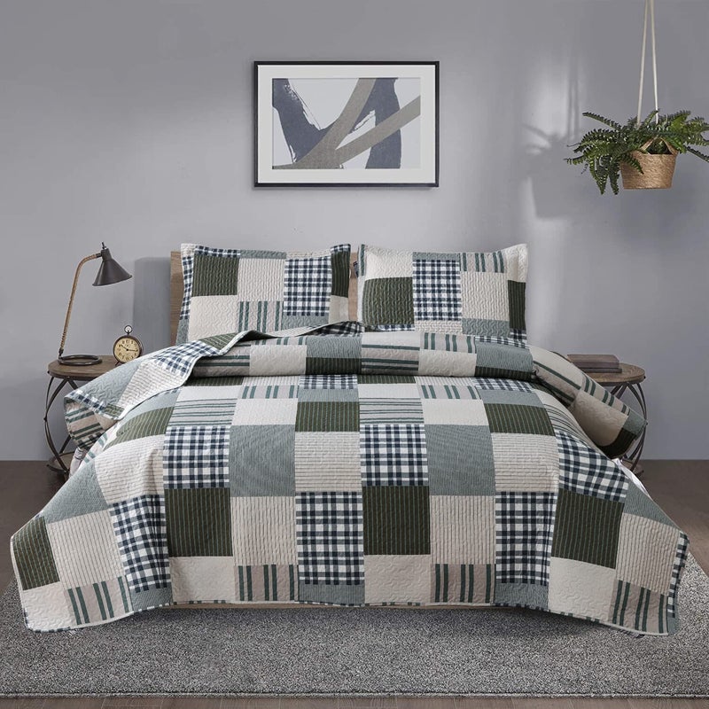 Jessy Home Bedspread Set Queen Size Quilt Set Bedding Lightweight Bedspread Plaid Patchwork Bedding Reversible Quilt Stripe Line Style Mens Quilts Coverlet Soft Breathable Bedspread Queen Bed