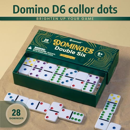 Queensell Dominos Set for Adults and Kids with Colored Dots Double 6 Dominoes Set Classic Board Game for Kids and Adults Double Six Standard Dominos Set with 28 Tiles - Image 5