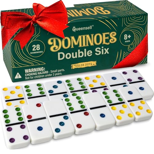 Queensell Dominos Set for Adults and Kids with Colored Dots Double 6 Dominoes Set Classic Board Game for Kids and Adults Double Six Standard Dominos Set with 28 Tiles - Image 1