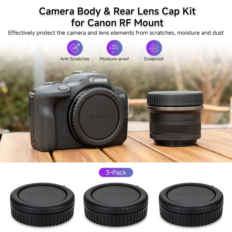 JJC Rear Lens Cap & Body Cap Cover for Canon RF Mount Mirrorless Camera EOS R100 R50 R10 R8 R7 R6 Mark II R6 R5C R5 Mark II R5 R3 R RP Replace RF Rear Lens Cap & R-F-5 Body Cap -3 Packs - Image 2