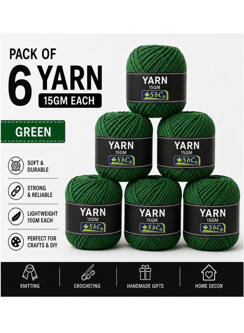 6-Piece Cotton Wool Yarn For Art And Crafts 15gm Content Green