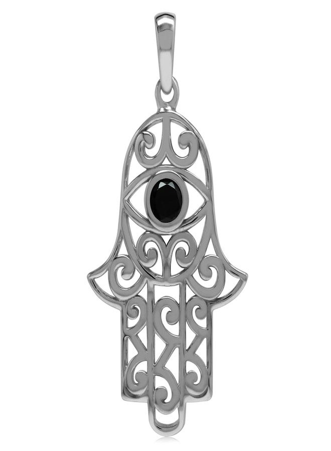 Silvershake Natural Black Spinel 925 Sterling Silver Evil Eye on Hamsa Hand Pendant - Image 1