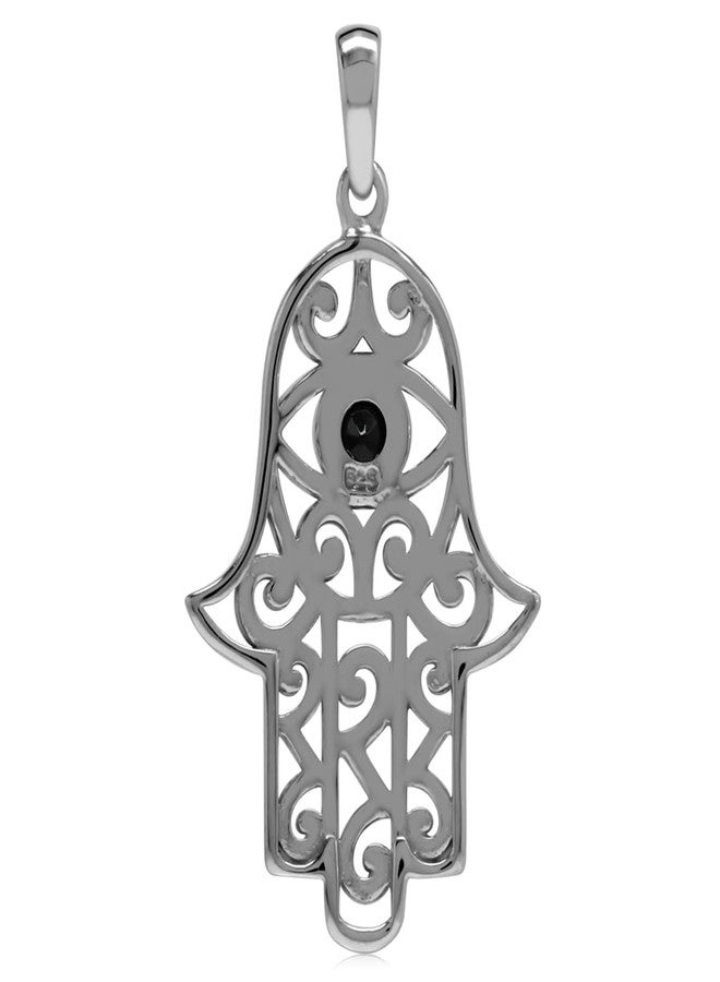 Silvershake Natural Black Spinel 925 Sterling Silver Evil Eye on Hamsa Hand Pendant - Image 5