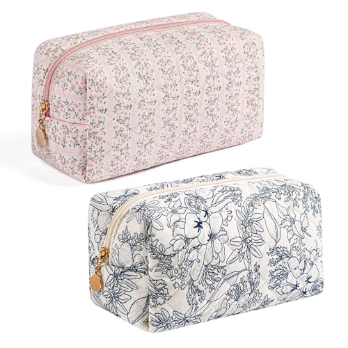 Gleyemor 2 Pieces Quilted Makeup Bag Cute Floral Cosmetic Bag for Women Cotton Make Up Bag Set Flower Travel Toiletry Bag Organizer Pink Floral Navy Flower - Image 1