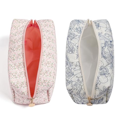 Gleyemor 2 Pieces Quilted Makeup Bag Cute Floral Cosmetic Bag for Women Cotton Make Up Bag Set Flower Travel Toiletry Bag Organizer Pink Floral Navy Flower - Image 3