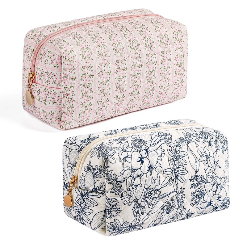 Gleyemor 2 Pieces Quilted Makeup Bag Cute Floral Cosmetic Bag for Women Cotton Make Up Bag Set Flower Travel Toiletry Bag Organizer Pink Floral Navy Flower - Image 2
