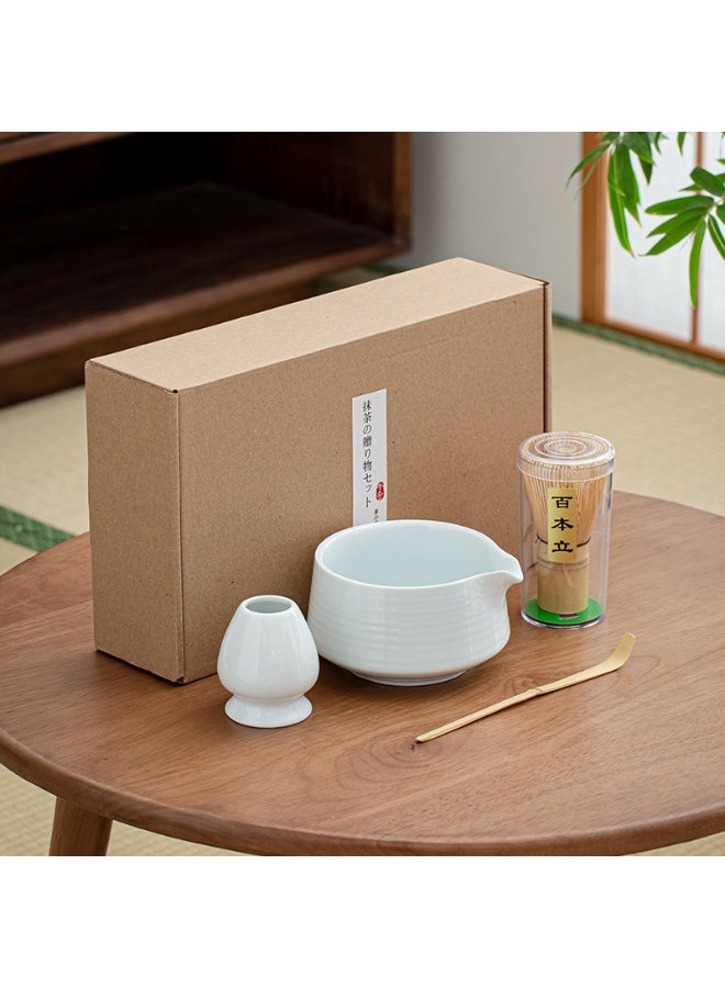 نهر قو مجموعة مكونة من 4 قطع من خفاقة الماتشا تتضمن وعاء الماتشا، خفاقة من الخيزران، حامل خفاقة من السيراميك، مغرفة، مجموعة أدوات الماتشا التقليدية لحفل شاي الماتشا (أبيض) - Image 1