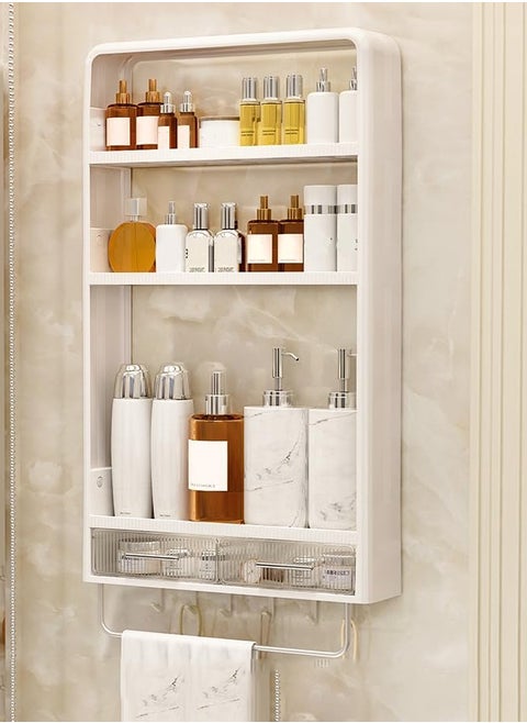 3 Layers With Drawers Shower Shelf Organizer Rack, Self Adhesive White Bathroom Shelves, Home Organization and Storage, Rustproof & Drill-Free, Large Capacity With Hooks And Towel Rack
