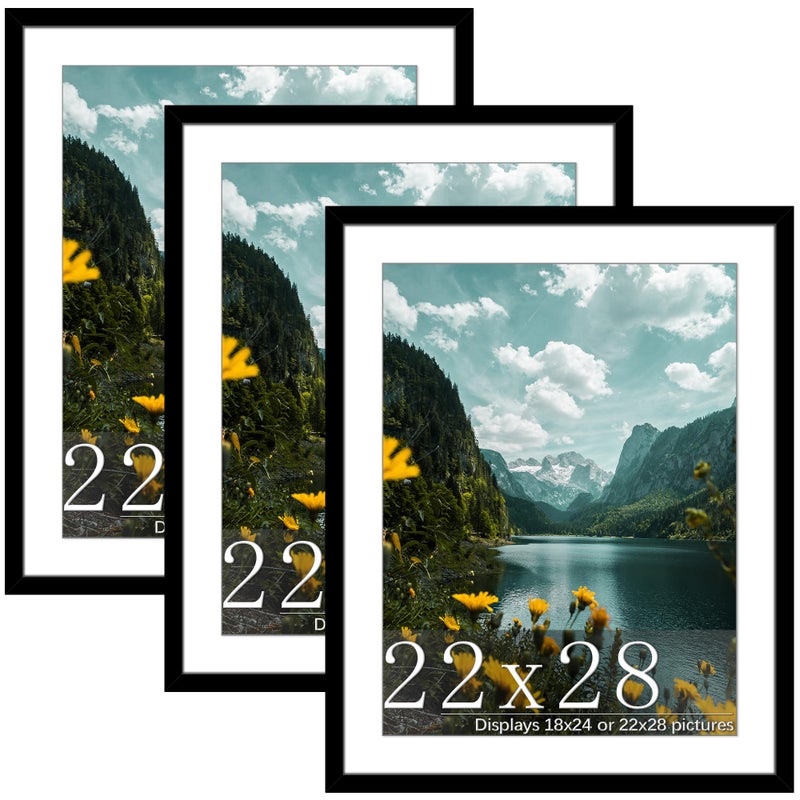 Picrit 22x28 Frame 3 Pack, Black Poster Frame, Display Poster 18 x 24 with Mat or 22 x 28 without Mat for Horizontal or Vertical Wall Mounting - Image 1