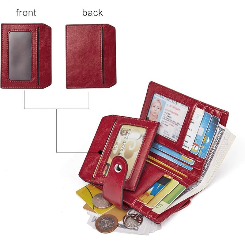 Bostanten Women Leather Wallet RFID Blocking Small Bifold Zipper Pocket Wallet Card Case Purse with ID Window Red - Image 2