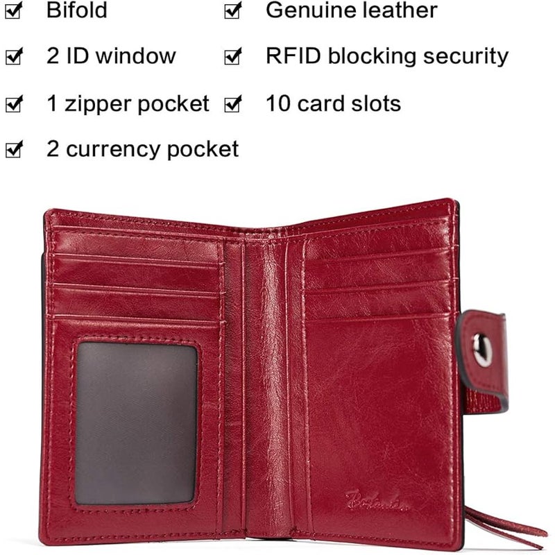 Bostanten Women Leather Wallet RFID Blocking Small Bifold Zipper Pocket Wallet Card Case Purse with ID Window Red - Image 5
