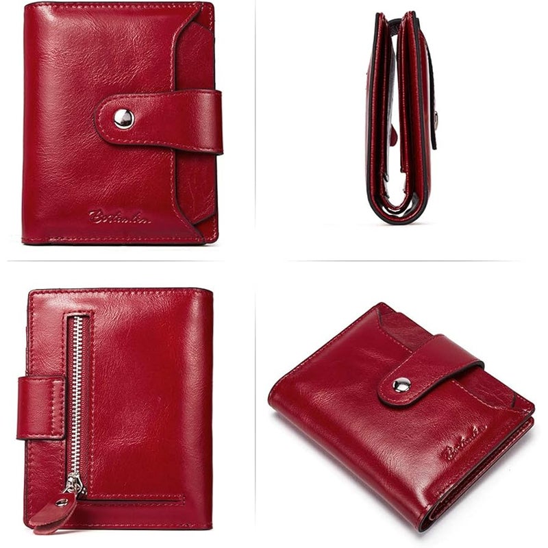 Bostanten Women Leather Wallet RFID Blocking Small Bifold Zipper Pocket Wallet Card Case Purse with ID Window Red - Image 3