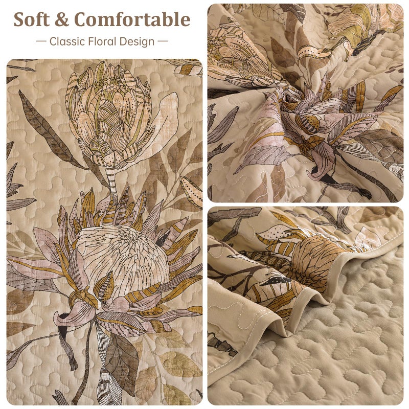 Dintszyayue King Size Quilts Brown, 3 Pieces Boho Floral Bedspread Bedding for King Size Bed, Soft Lightweight Microfiber Coverlet Set for All Season Quilt with 2 Pillowcases - Image 5