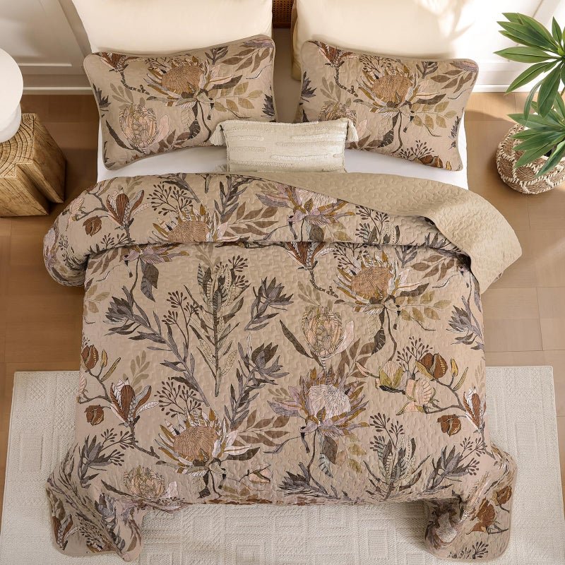 Dintszyayue King Size Quilts Brown, 3 Pieces Boho Floral Bedspread Bedding for King Size Bed, Soft Lightweight Microfiber Coverlet Set for All Season Quilt with 2 Pillowcases - Image 4