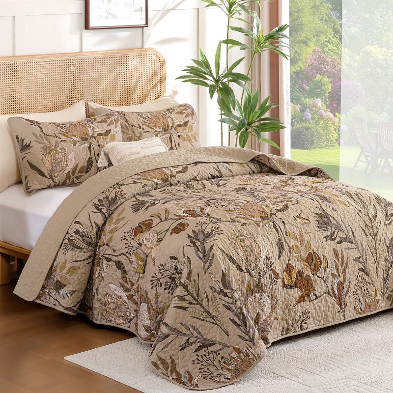 Dintszyayue King Size Quilts Brown, 3 Pieces Boho Floral Bedspread Bedding for King Size Bed, Soft Lightweight Microfiber Coverlet Set for All Season Quilt with 2 Pillowcases - Image 2