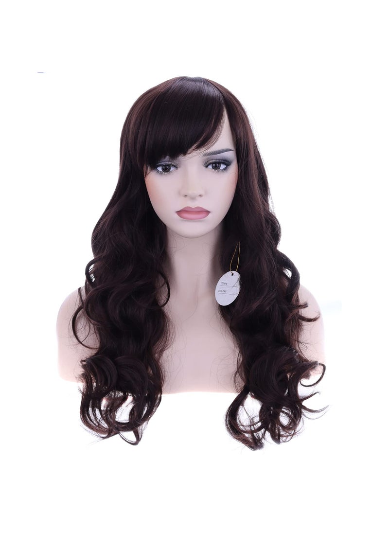 BERON BERON Brown Wig Long Wavy Wig Dark Brown Wig with Bangs for Women Brown Wig Long Curly Wig Brown Wig Synthetic Wig with Wig Cap 