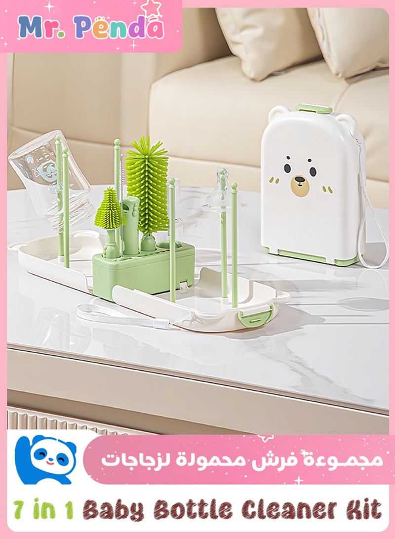 Mr. Penda Portable Baby Bottle Brush Set - 7 in 1 Baby Bottle Cleaner Kit, Baby Travel Essential Bottle Washing Kit with Silicone Bottle Brush, Nipple Brush, Straw Brush, Drying Rack for Home and Travel (Green Bear) - Image 1
