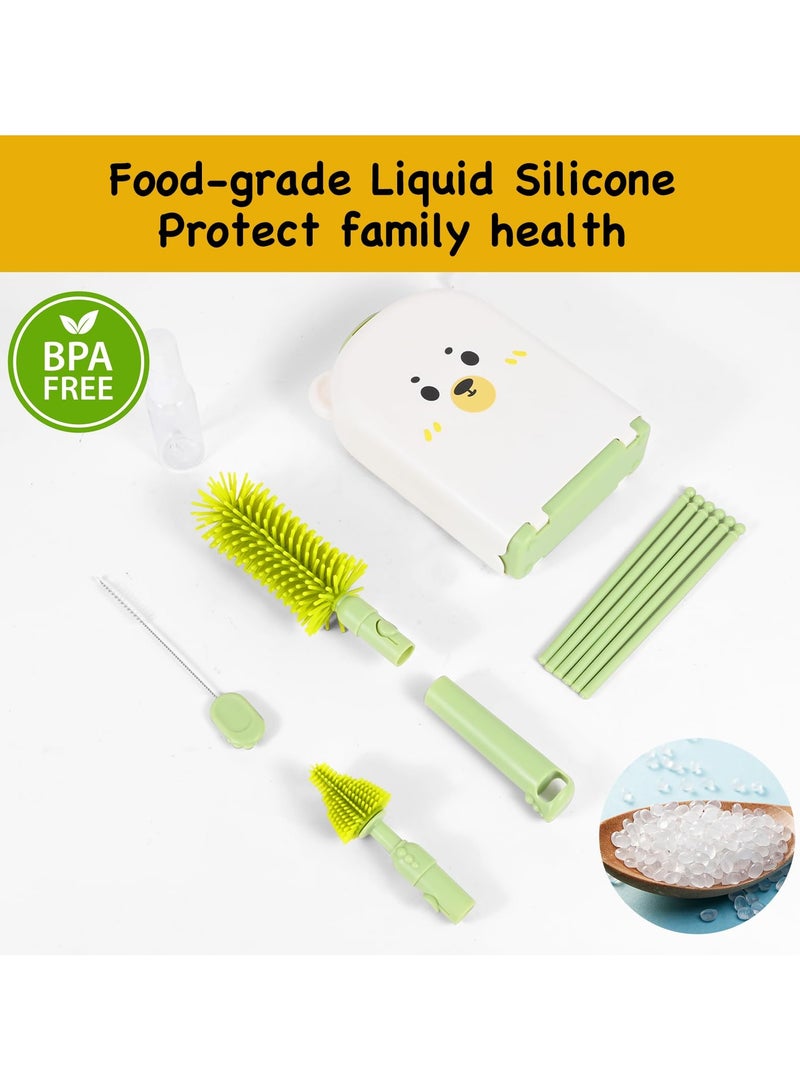 Mr. Penda Portable Baby Bottle Brush Set - 7 in 1 Baby Bottle Cleaner Kit, Baby Travel Essential Bottle Washing Kit with Silicone Bottle Brush, Nipple Brush, Straw Brush, Drying Rack for Home and Travel (Green Bear) - Image 5