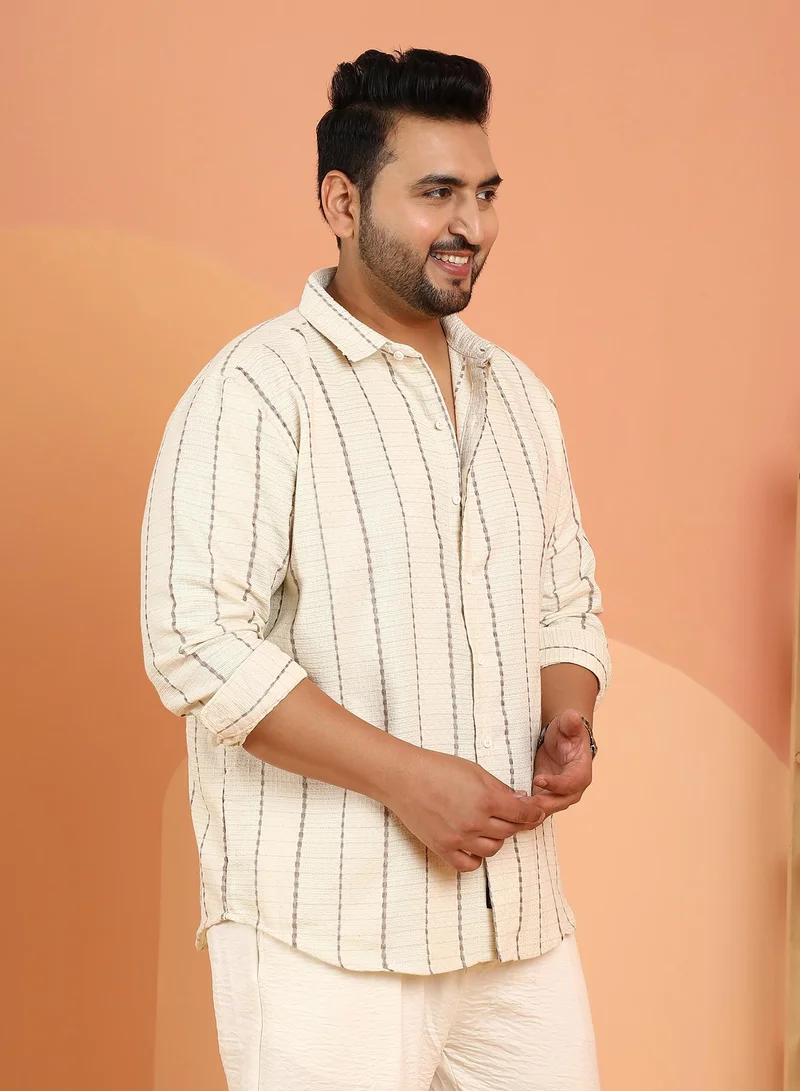 Instafab Plus Instafab Plus Men's Off-White Woven-Striped Tactile Shirt For Casual Wear | Spread Collar | Long Cuffed Sleeves | Button Closure | Plus Size Shirt Crafted With Comfort Fit For Everyday Wear