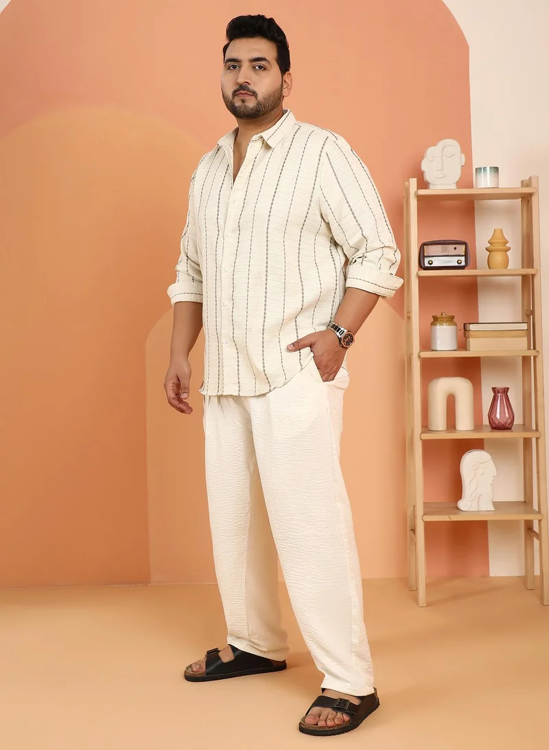 Instafab Plus Instafab Plus Men's Off-White Woven-Striped Tactile Shirt For Casual Wear | Spread Collar | Long Cuffed Sleeves | Button Closure | Plus Size Shirt Crafted With Comfort Fit For Everyday Wear