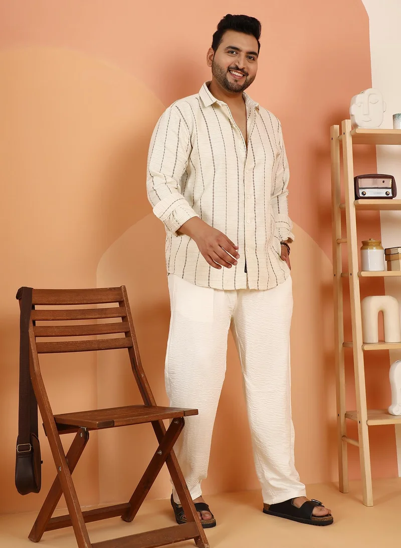 Instafab Plus Instafab Plus Men's Off-White Woven-Striped Tactile Shirt For Casual Wear | Spread Collar | Long Cuffed Sleeves | Button Closure | Plus Size Shirt Crafted With Comfort Fit For Everyday Wear