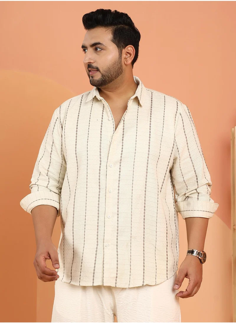 انستافاب بلس Instafab Plus Men's Off-White Woven-Striped Tactile Shirt For Casual Wear | Spread Collar | Long Cuffed Sleeves | Button Closure | Plus Size Shirt Crafted With Comfort Fit For Everyday Wear