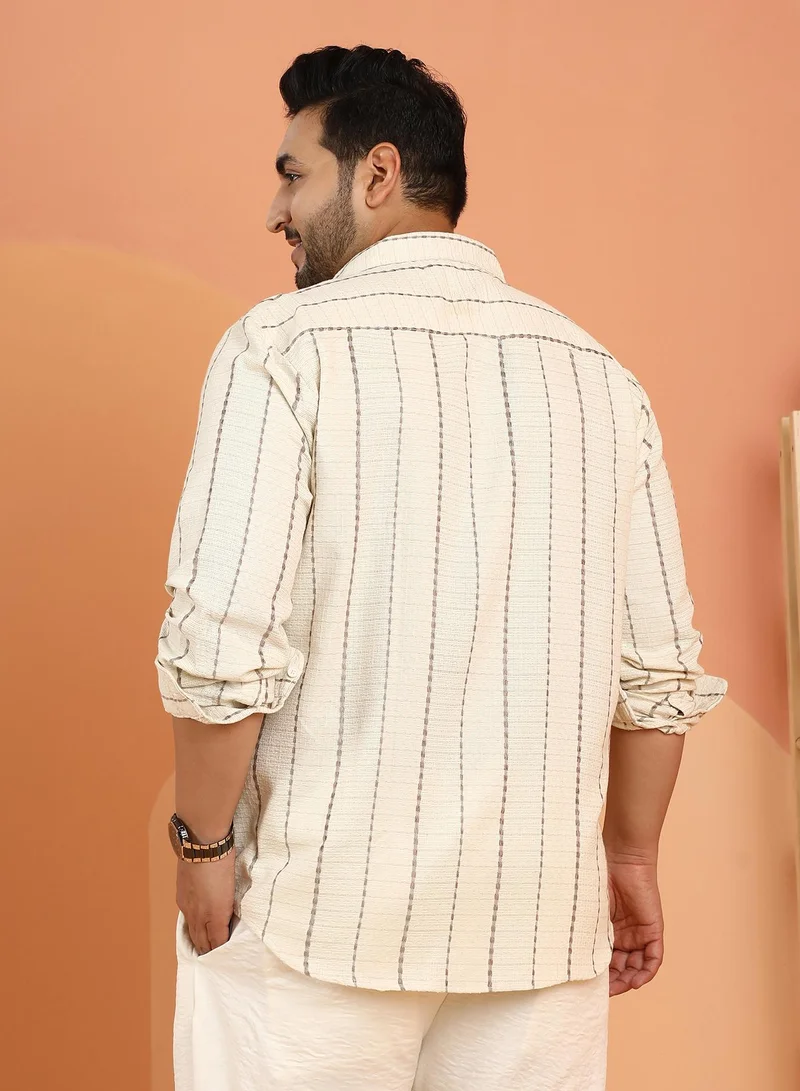 Instafab Plus Instafab Plus Men's Off-White Woven-Striped Tactile Shirt For Casual Wear | Spread Collar | Long Cuffed Sleeves | Button Closure | Plus Size Shirt Crafted With Comfort Fit For Everyday Wear