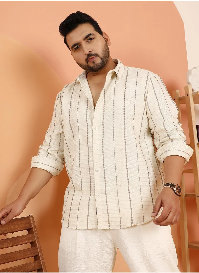 انستافاب بلس Instafab Plus Men's Off-White Woven-Striped Tactile Shirt For Casual Wear | Spread Collar | Long Cuffed Sleeves | Button Closure | Plus Size Shirt Crafted With Comfort Fit For Everyday Wear