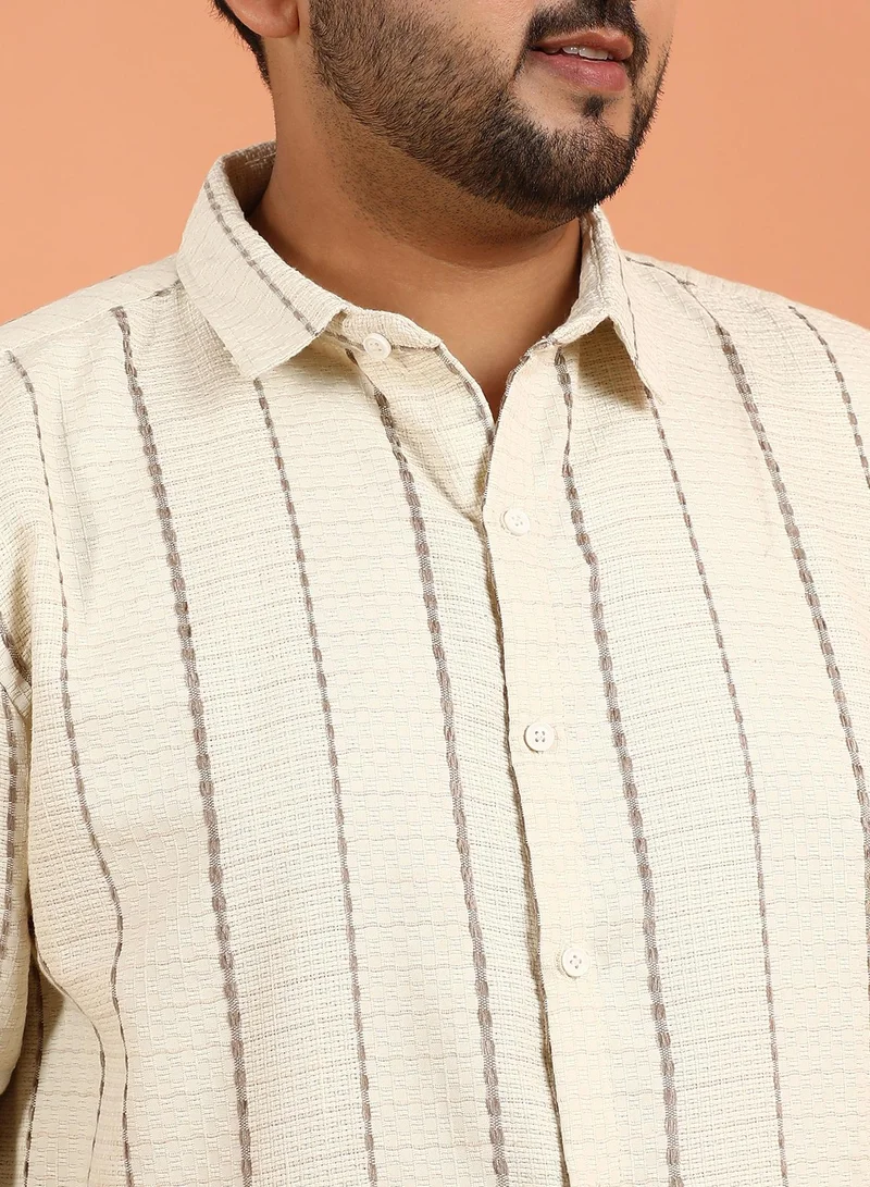 Instafab Plus Instafab Plus Men's Off-White Woven-Striped Tactile Shirt For Casual Wear | Spread Collar | Long Cuffed Sleeves | Button Closure | Plus Size Shirt Crafted With Comfort Fit For Everyday Wear