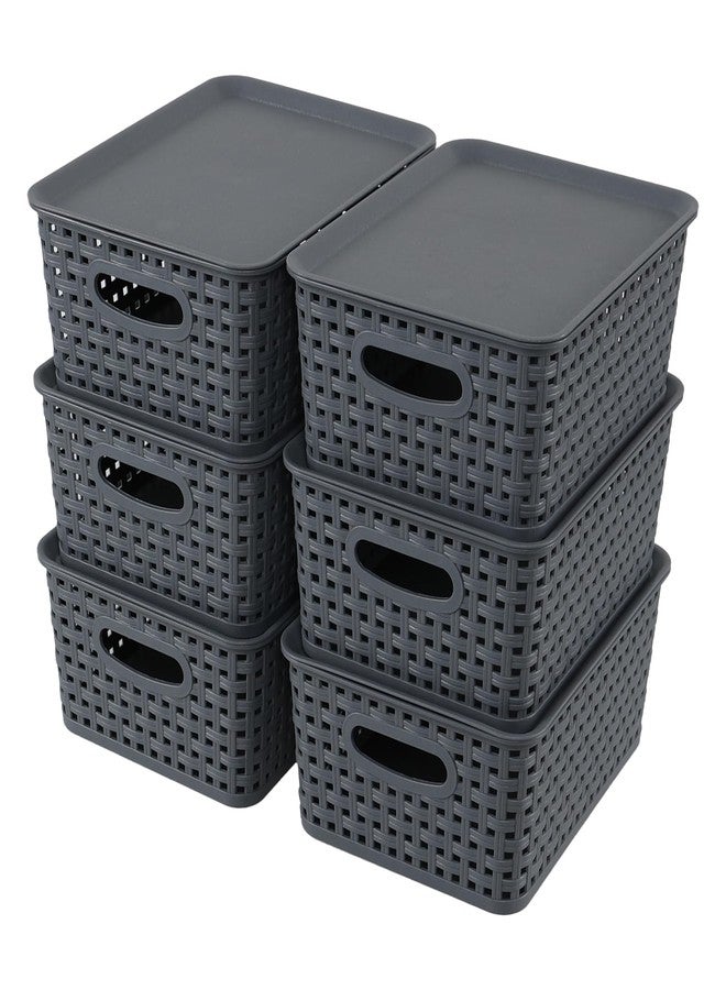Callyne 6-Pack Plastic Storage Bin with Lid, Weave Plastic Storage Basket, Gray - Image 1