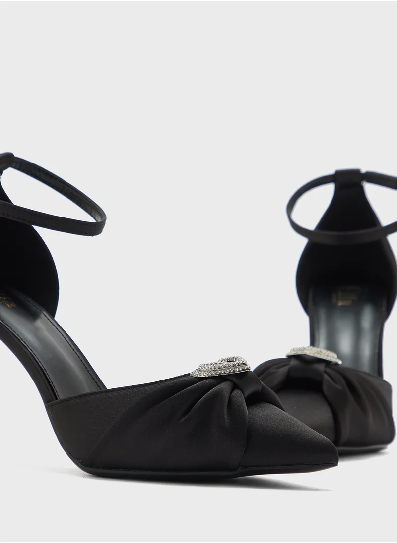 ELLA Diamante Heart Trim Pointy Counter Strap Pump