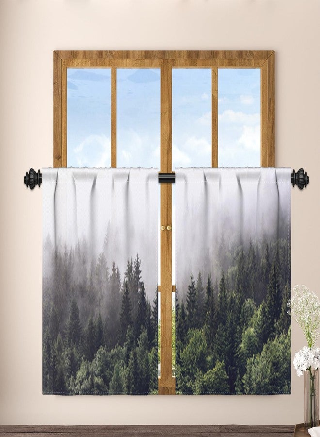 Renaiss 26 x 36 Inch Misty Forest Small Kitchen Curtains Nature Window Treatment Tree Woodland Rod Pocket Cafe Short Curtain for Bathroom Dining Laundry Room Mountain Tier Treatment Drapes 2 Panels - Image 1