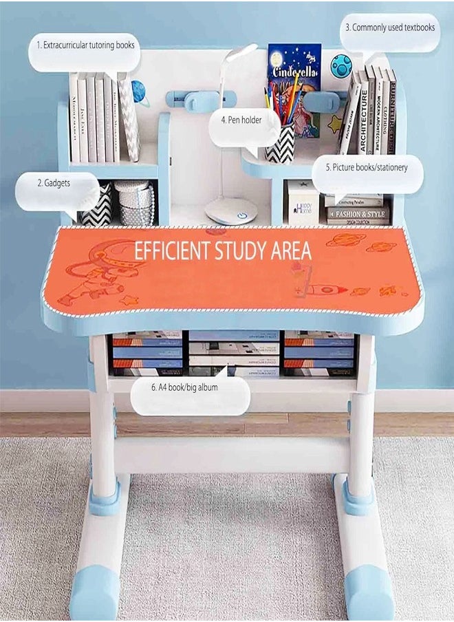 fashionhome - Ergonomic Safe and Secure Design Design Adjustable Height Student Desk Chair with Storage Shelf Study Reading and Drawing Workstation Table Desk Chair Set Kid Furniture 75.5x62.5x71 and 38x33.5x69 cm - Image 1