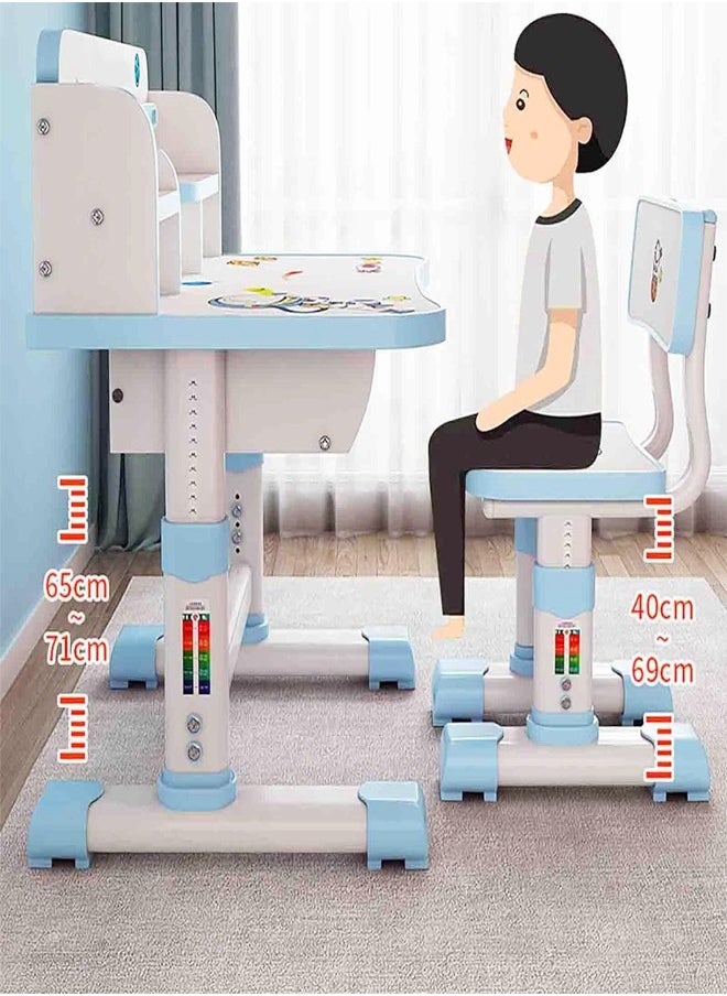 fashionhome - Ergonomic Safe and Secure Design Design Adjustable Height Student Desk Chair with Storage Shelf Study Reading and Drawing Workstation Table Desk Chair Set Kid Furniture 75.5x62.5x71 and 38x33.5x69 cm - Image 1