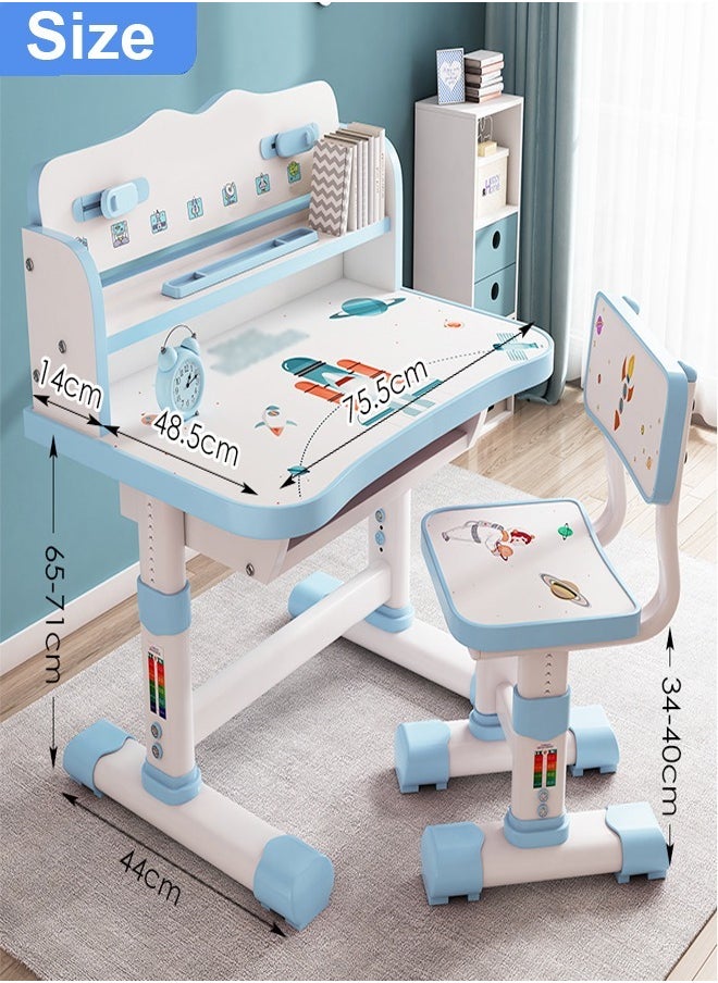 fashionhome - Ergonomic Safe and Secure Design Design Adjustable Height Student Desk Chair with Storage Shelf Study Reading and Drawing Workstation Table Desk Chair Set Kid Furniture 75.5x62.5x71 and 38x33.5x69 cm - Image 1