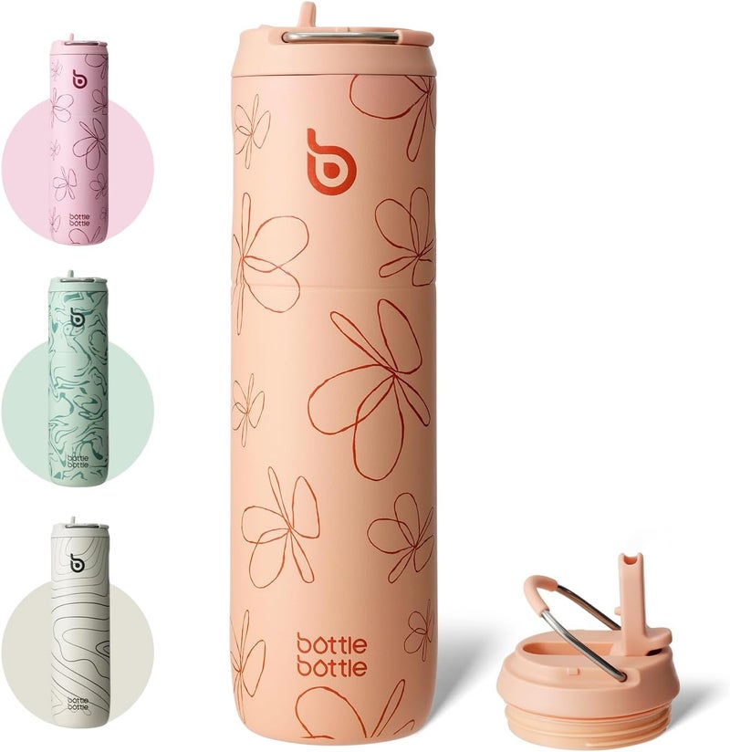 bottle bottle Insulated Water Bottle 24oz with Straw Lid and Handle for Sports Travel Gym Stainless Steel Water Bottles Double-Wall Vacuum Metal Leak Proof BPA-Free (Petal Passion) - Image 1
